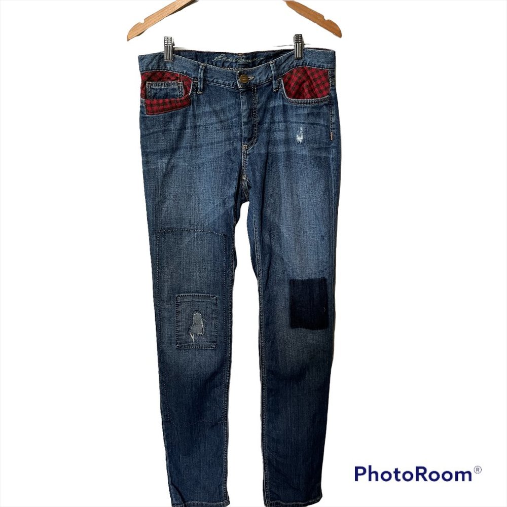 Eddie Bauer Women's Red Black Flannel Pocket Patch Stretch Straight Leg Jeans 6